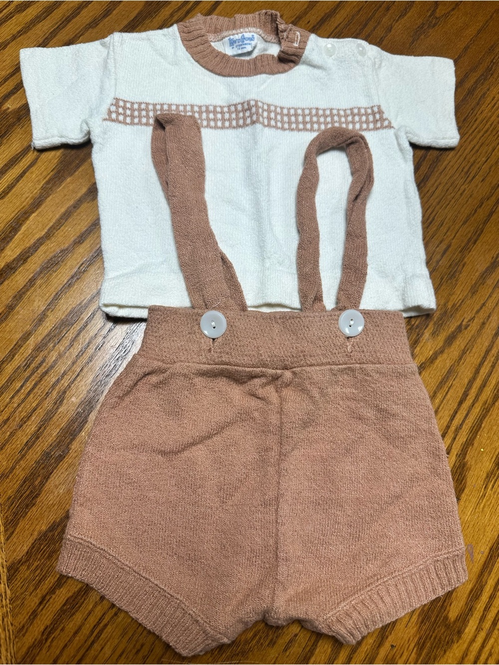 Vintage Kro ‘N Cotton Baby Knit Suspender Shorts Set - Cream & Brown